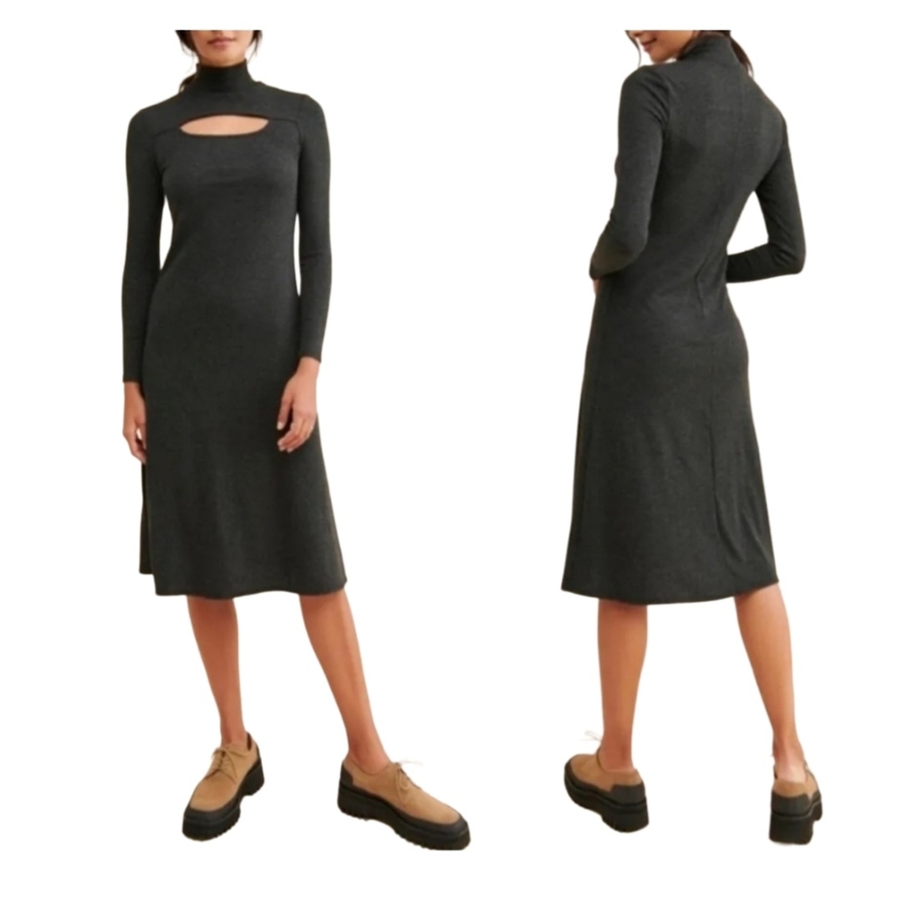 BORDEAUX Gray Long Sleeve Sheath Dress with Mock Neck & Cut Out Detail